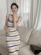 2023 striped knitted sling dress women's spicy girl elegant waist hip skirt mid-length retro sleeveless skirt