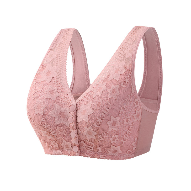 New Front Buckle Middle-aged and Elderly Underwear Women's Lace No Steel Ring Wide Shoulder Strap Vest Large Size Bra