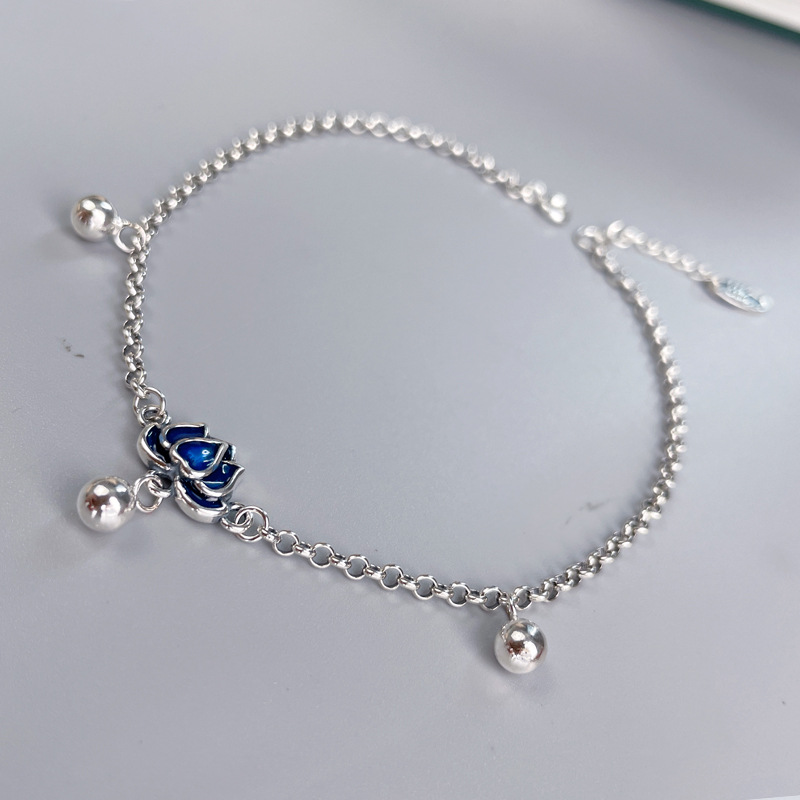 s925 Sterling Silver Blue Lotus Anklet Female Bell Foot Rope Original Design Retro Art Ancient Style Transfer Beads Foot Jewelry