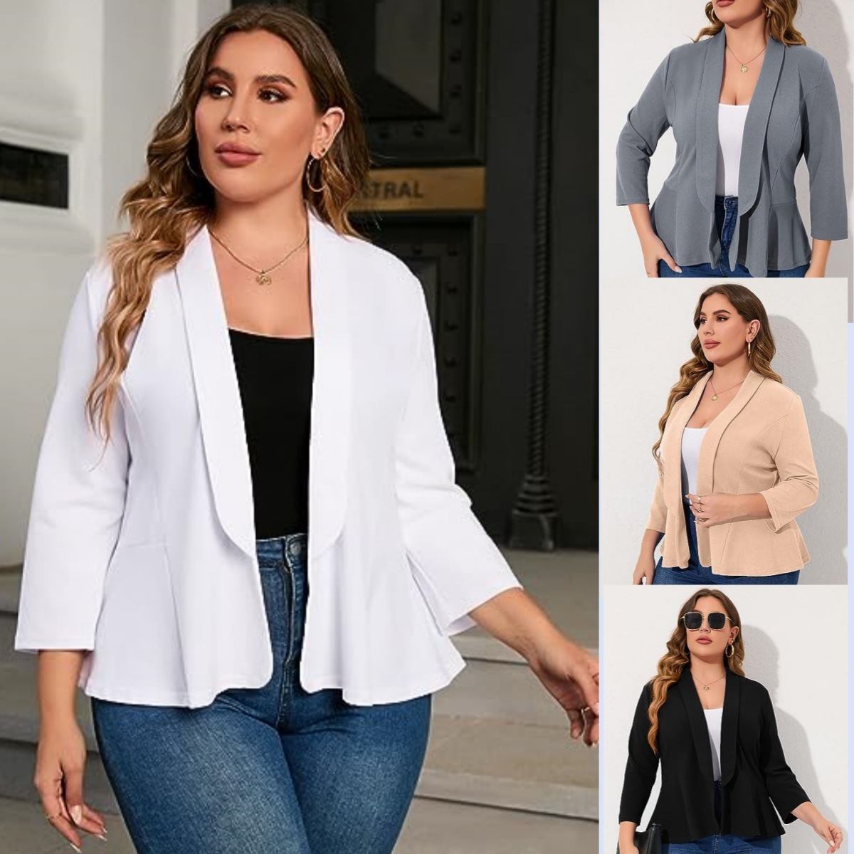 Cross-border Amazon new women's plus size casual blazer front open long sleeve office cardigan jacket