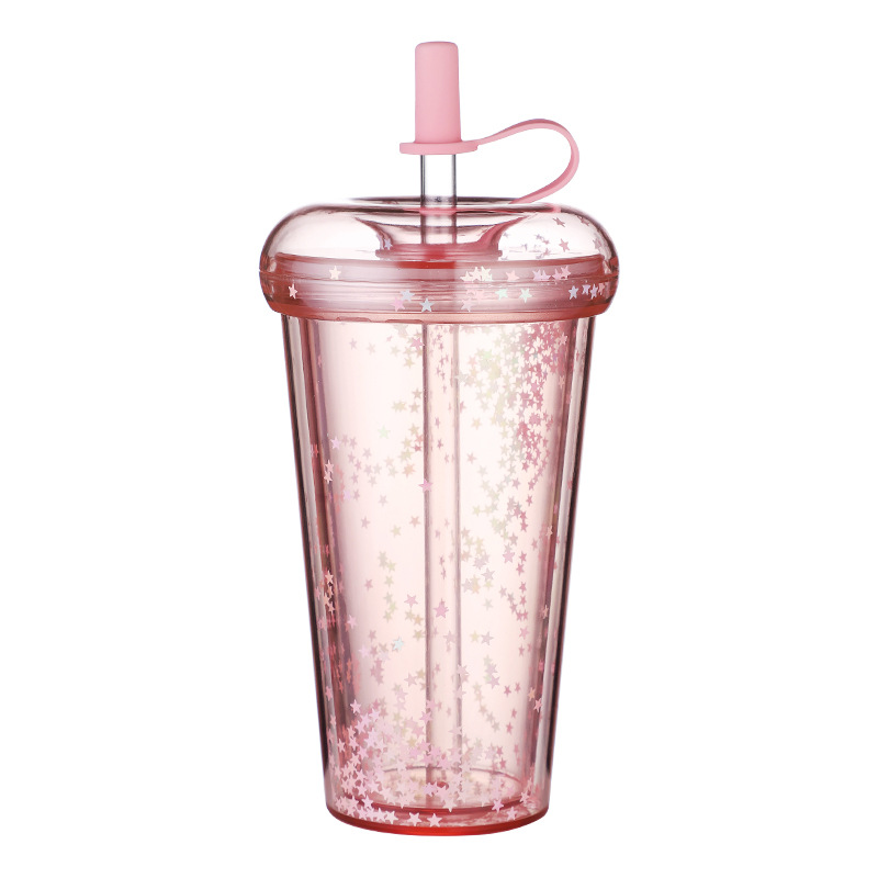 New student creative gift straw milk tea cup high color value double plastic cup can be printed logo wholesale
