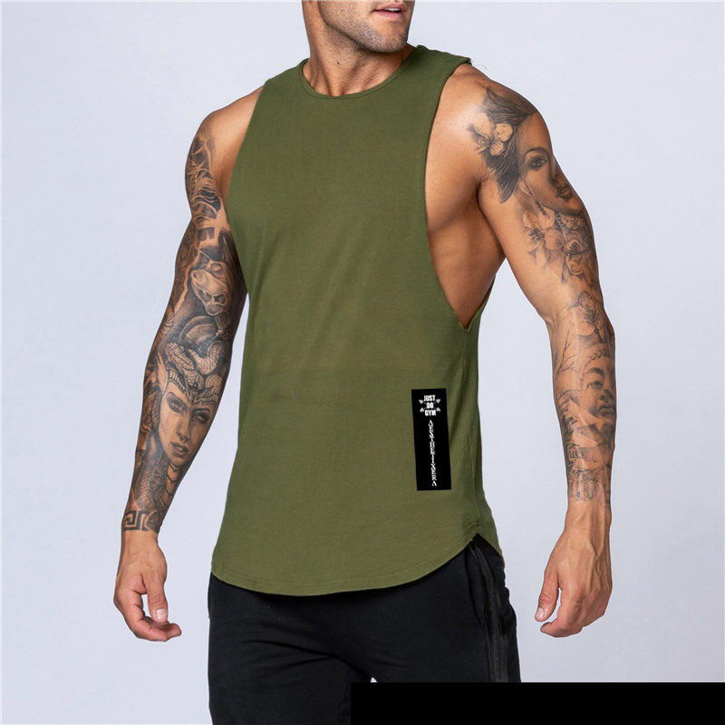 Men's new summer loose waistcoat men's right side long label printed bodybuilding fitness sleeveless vest