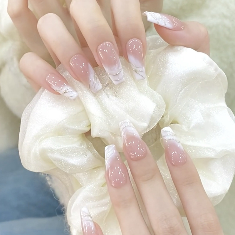 Gentle white fairy nail line pink white gradient wear nail piece fake nail long ballet nail finished product