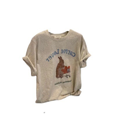 Grey Shoulder Printed High-end T-shirt Women's 2022 Summer New Loose Niche Cute Rabbit Short-sleeved Top