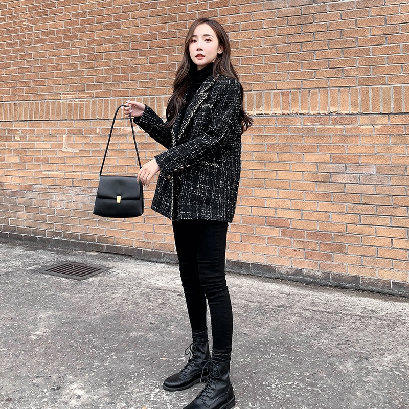 2023 Autumn and Winter New Women's Loose Plaid Woolen Coat Chanel Style Tweed Socialite Stitching Small Suit for Women
