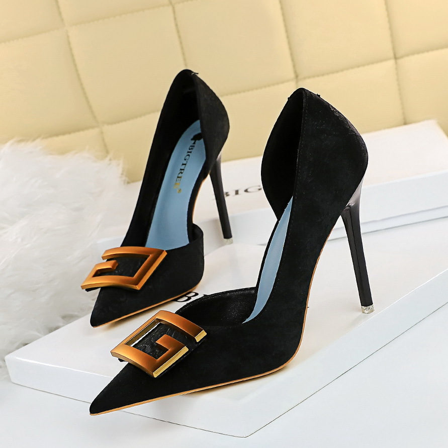 6168-2 European and American Sexy Nightclubs Skinny Thin Heel High Heel Shallow Mouth Pointed Side Hollow Square Buckle Single Shoes High Heels