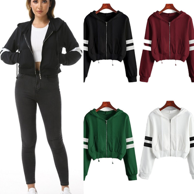 Cross-border Foreign Trade Spring and Autumn Women's Jacket Amazon AliExpress Solid Color Short Zipper Long Sleeve Parallel Bars Hooded Sweatshirt