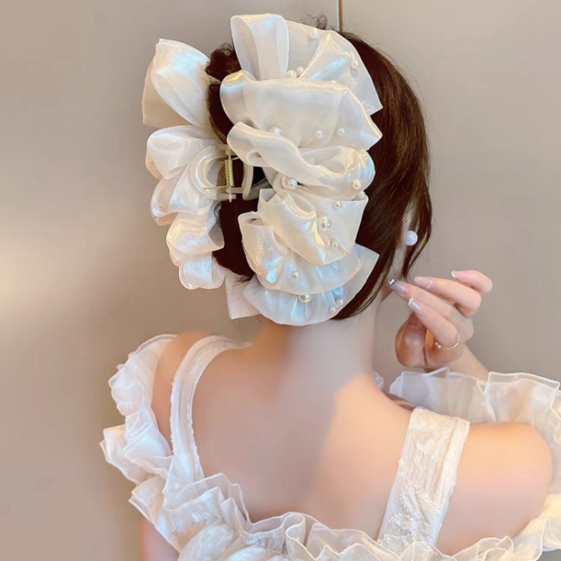 2023 New Bubble Mesh pearl clip female temperament multi-layer bow oversized back head shark clip_voghion.com