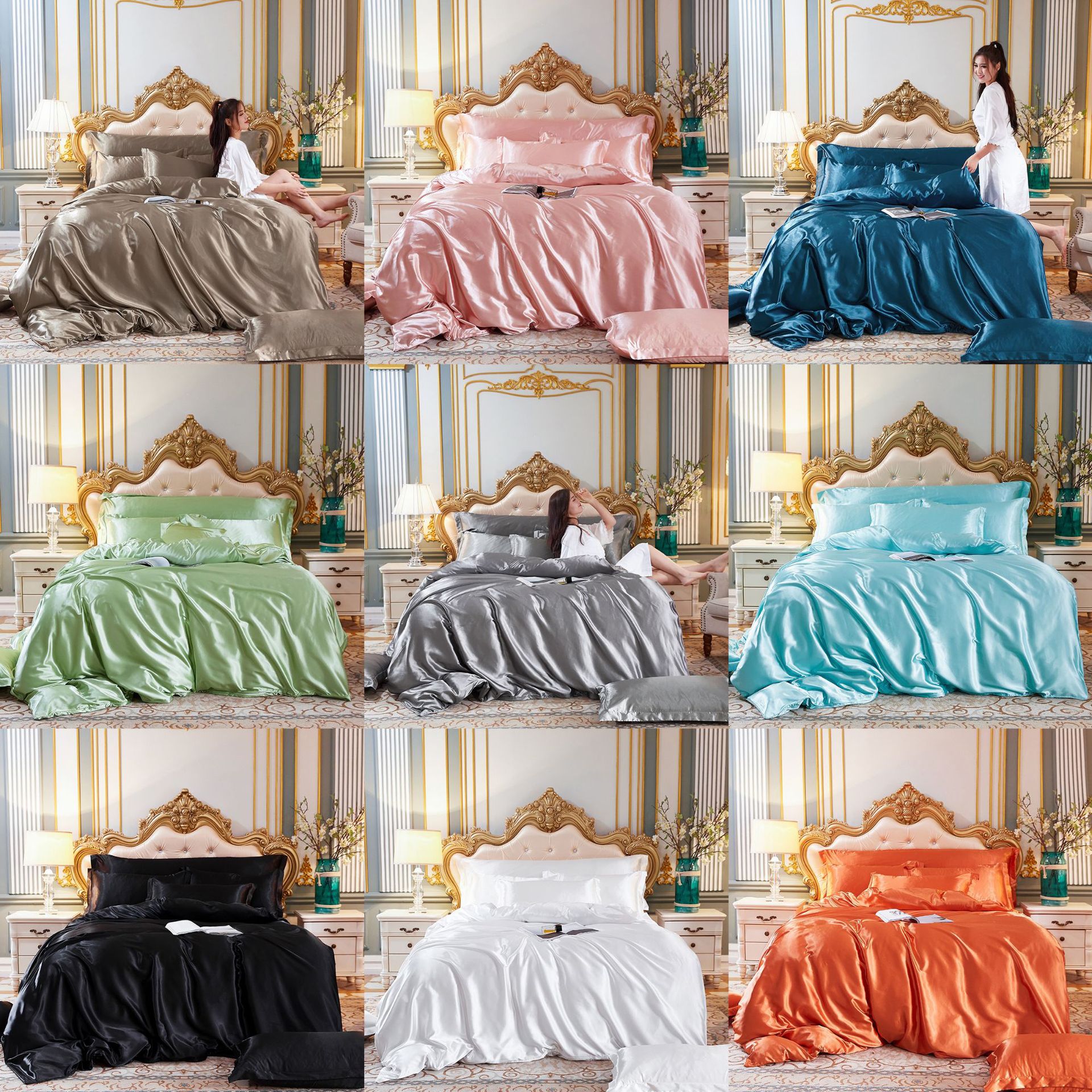 Satin imitation silk bedding AliExpress outer code Amazon cross-border European and American home textile quilt cover pillowcase three-piece set