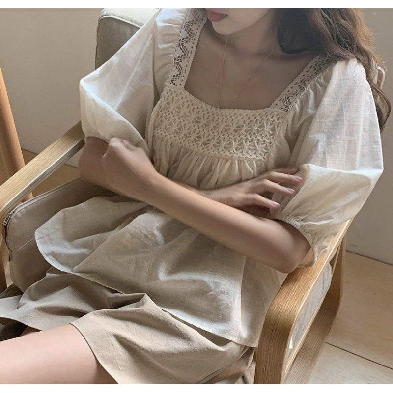 Korean chic Salt Age-reducing Hook Flower Hollow Collarbone Square Collar Doll Shirt Women's Summer New Loose Top