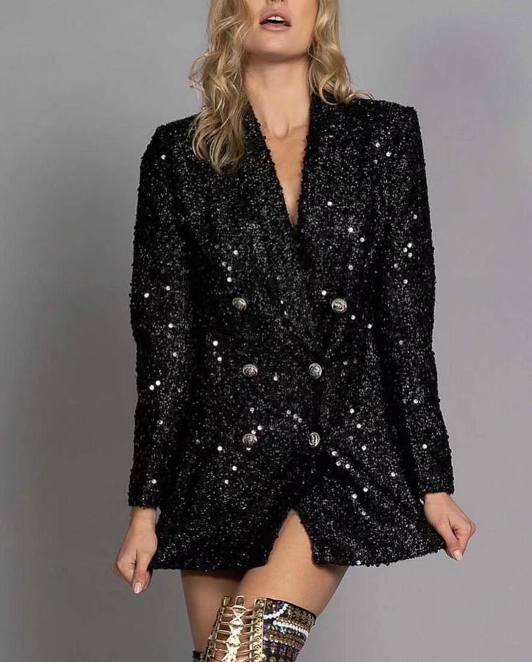 Cross-border new style European and American fashion lady v-neck temperament suit jacket double-breasted black sequin slim long top