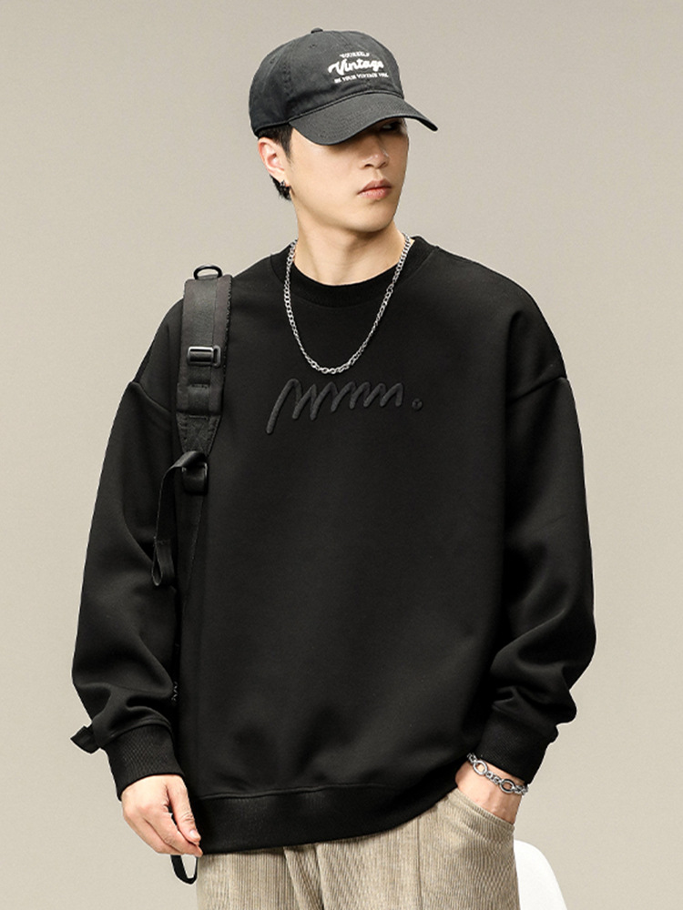 Also stop men's American retro heavy embroidered sweater men's spring new loose plus size fashion brand round neck top men's