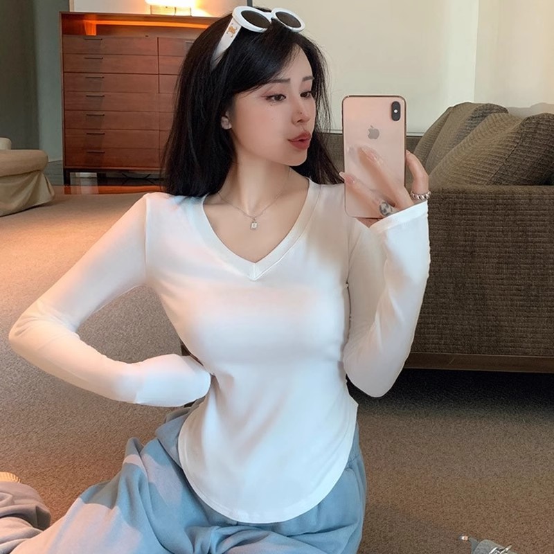 Long-sleeved T-shirt Women's Spring and Autumn 2024 New Style Shoulder Design Irregular Inner Short Top Girl's Base Shirt