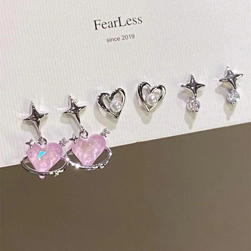 Korean niche design pink love star six-piece set of earrings for women, autumn and winter style ins earrings and earrings