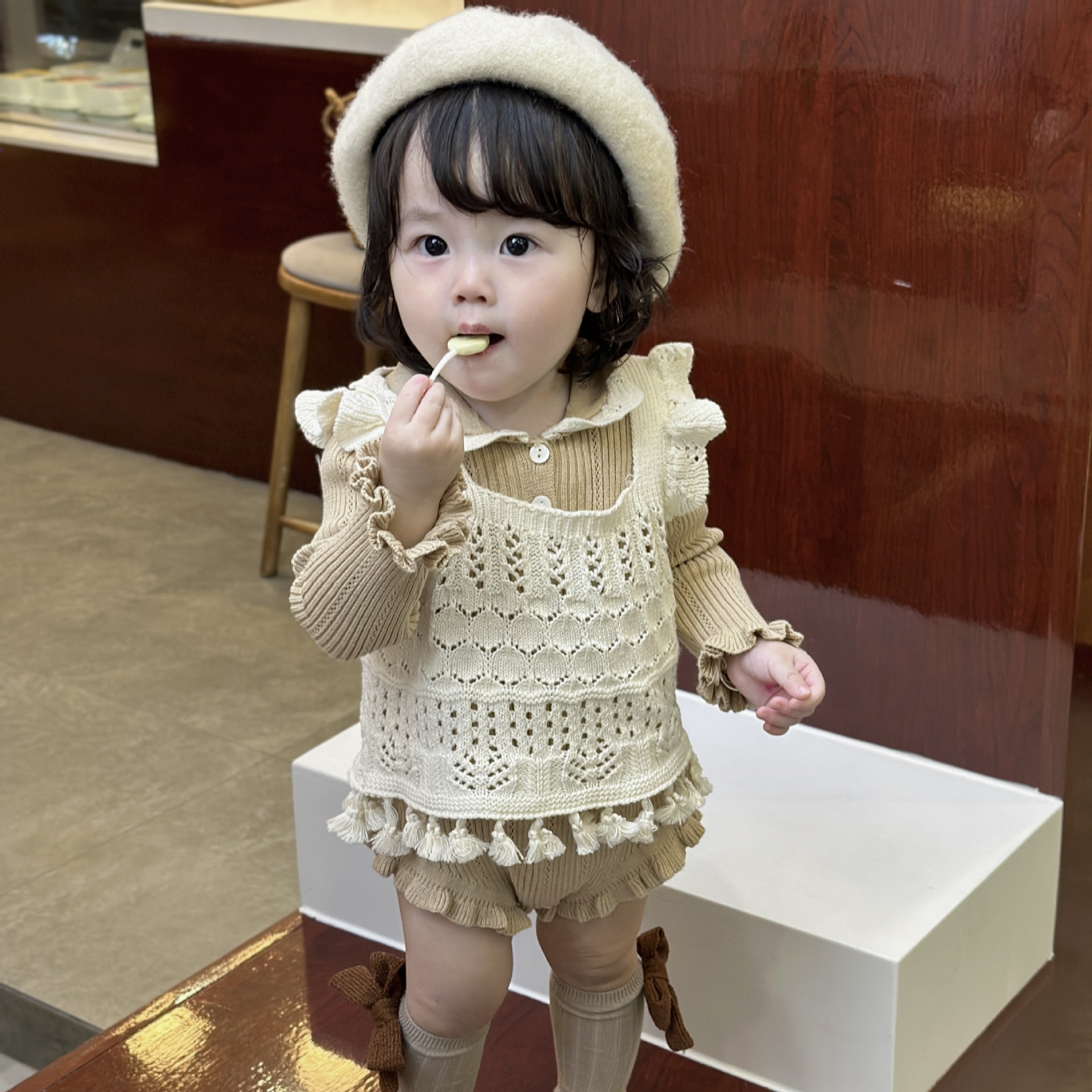 Cutemily Baby Girl Ins Knitted Lapel Climbing Suit Female Treasure Spring and Autumn Pit Strip Long-sleeved Contrast Triangle Ha-ha Suit