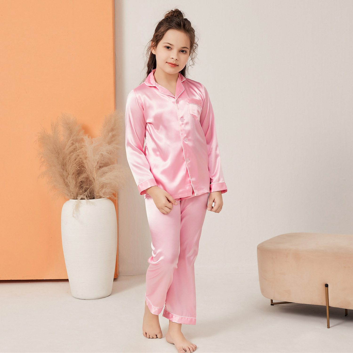 Cross-border Spring and Autumn Thin Ice Silk Boys and Girls Long-sleeved Casual Home Clothes Children's Imitation Silk Lapel Pajamas suit