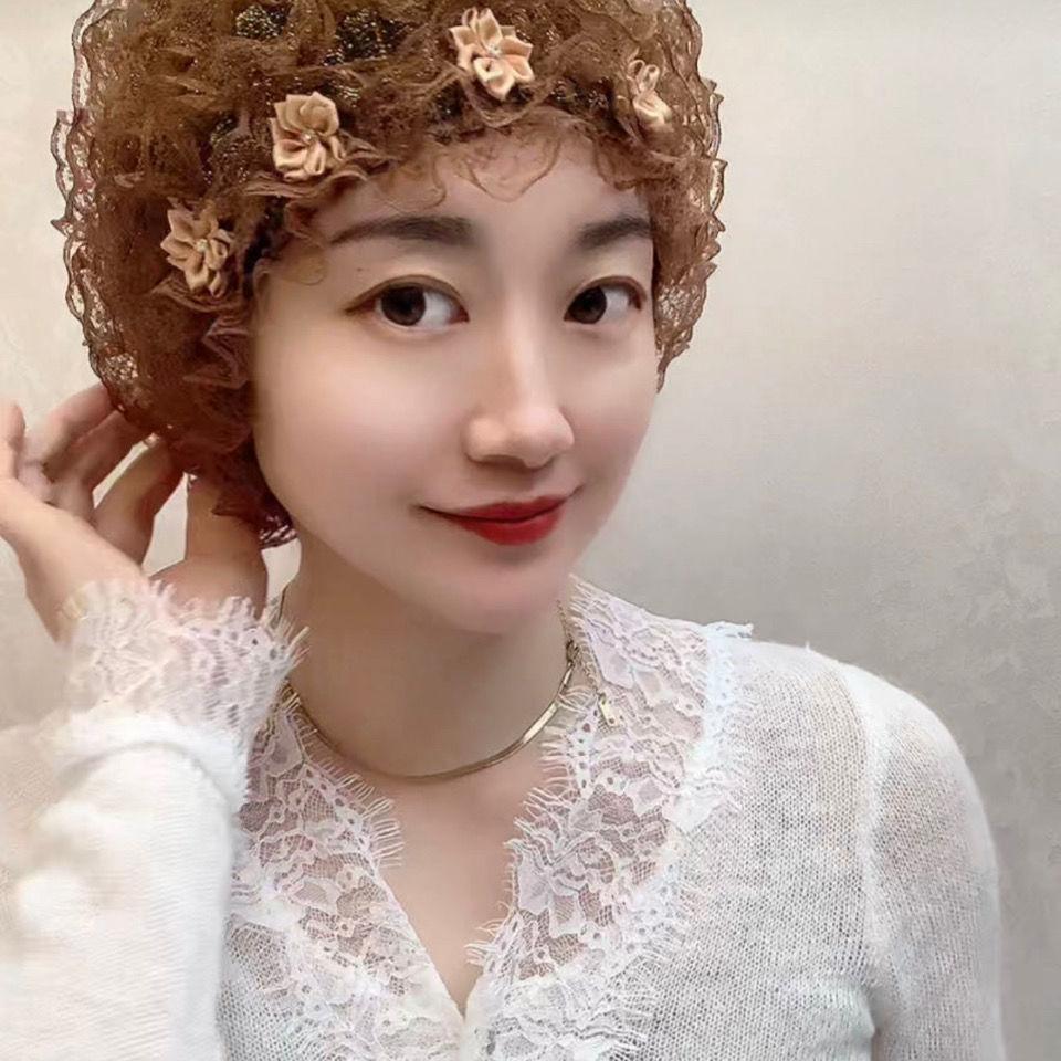 蕾絲花邊包頭帽女春秋款美人帽圓頂蕾絲居家小帽遮白髮小帽