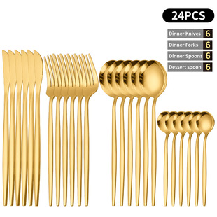 Spot stainless steel gold-plated Western tableware four main knife, fork and spoon cross-border supply 24-piece Portuguese tableware set