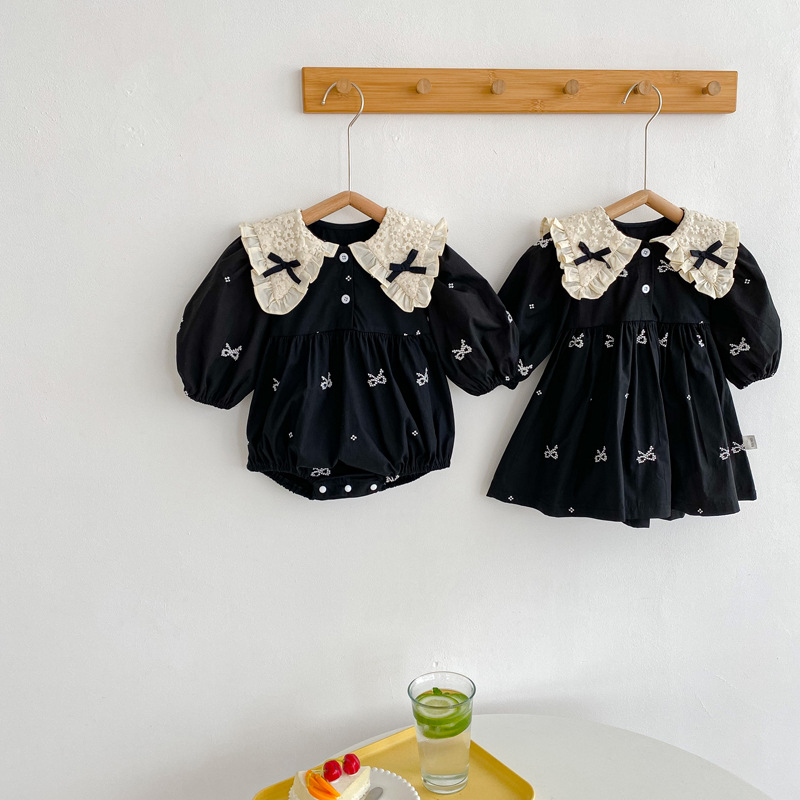 2023 Korean-style Baby Jumpsuit Spring and Autumn New Long-sleeved Triangle Hats Bow Collar Baby Girl Black Climbing Suit