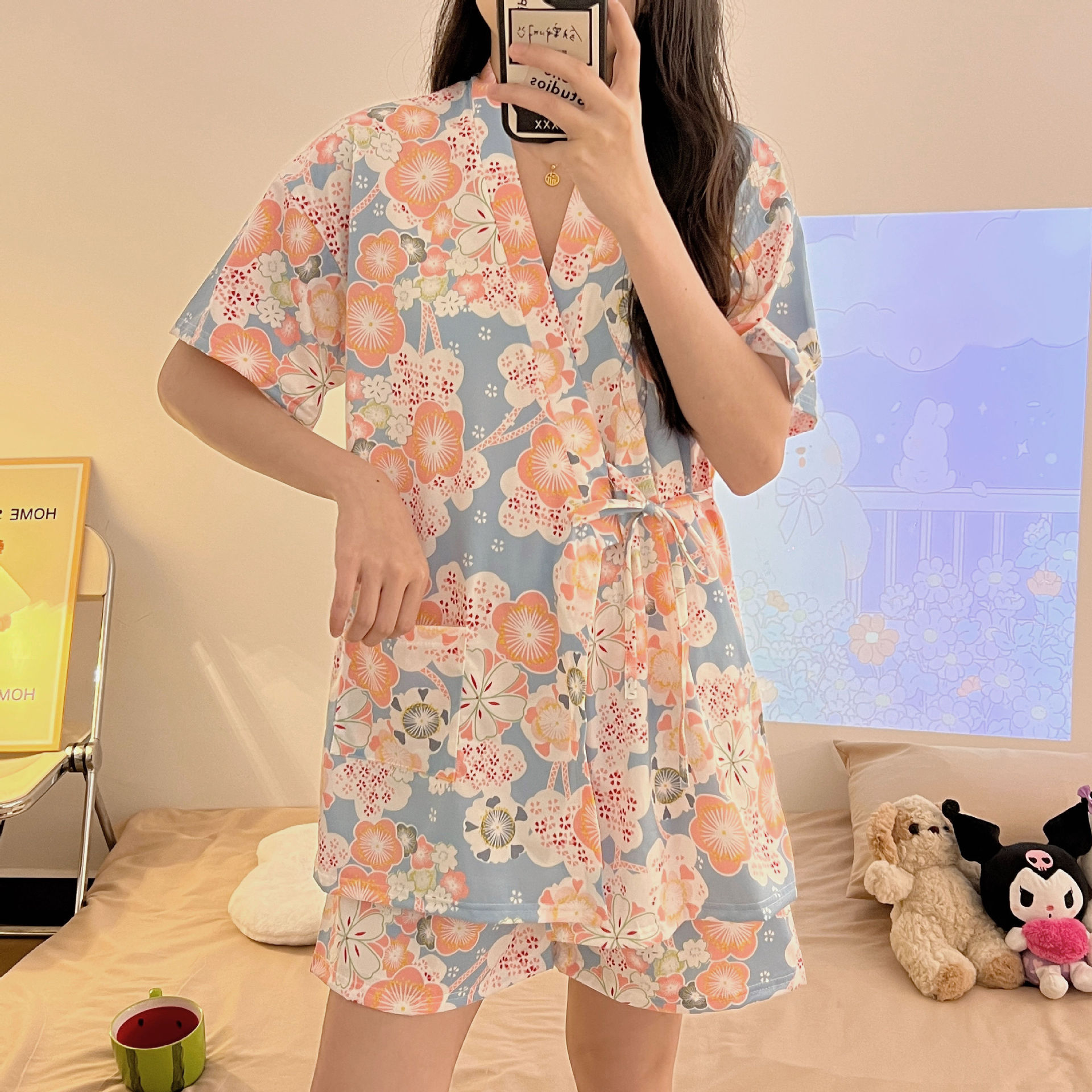 Amazon foreign trade Japanese kimono ins pajamas for women summer new short-sleeved shorts Korean version sweet home wear set