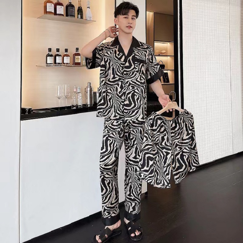 Ice Silk Couple Pajamas Suit Summer Silk Short-sleeved Shorts Trousers Three-piece Suit High-grade Horse Pattern Outer Wear Home Clothes