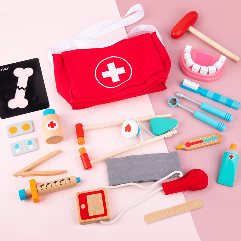 Wooden Children's Doctor Toy Set Girl's Injection Simulation Satchel Medical Bag Home Stethoscope