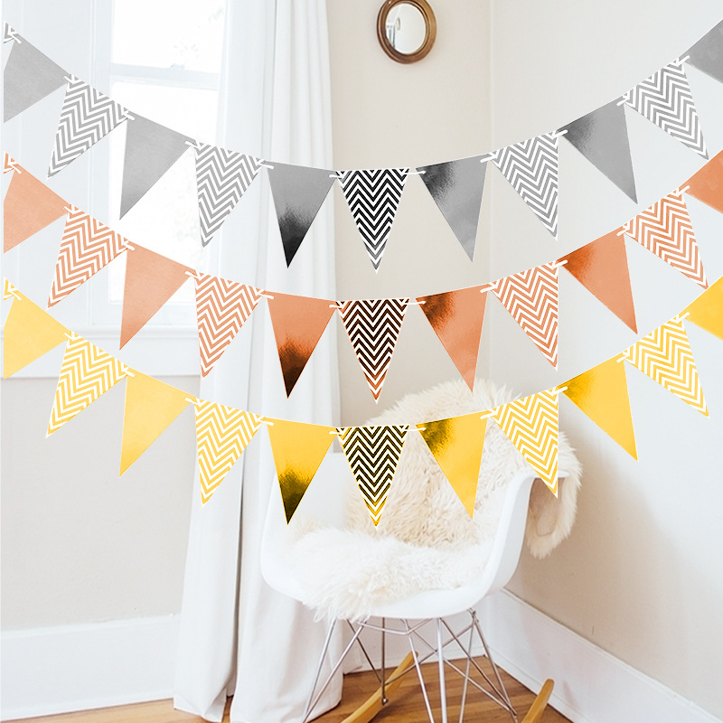 Wholesale gilded pennant wave flag birthday party supplies atmosphere decoration gold and silver pink blue pennant banner