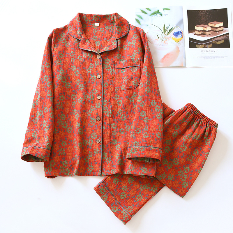 Middle-aged women's new Jacquard yarn-dyed floral cotton lapel cardigan long sleeve retro festive home wear suit
