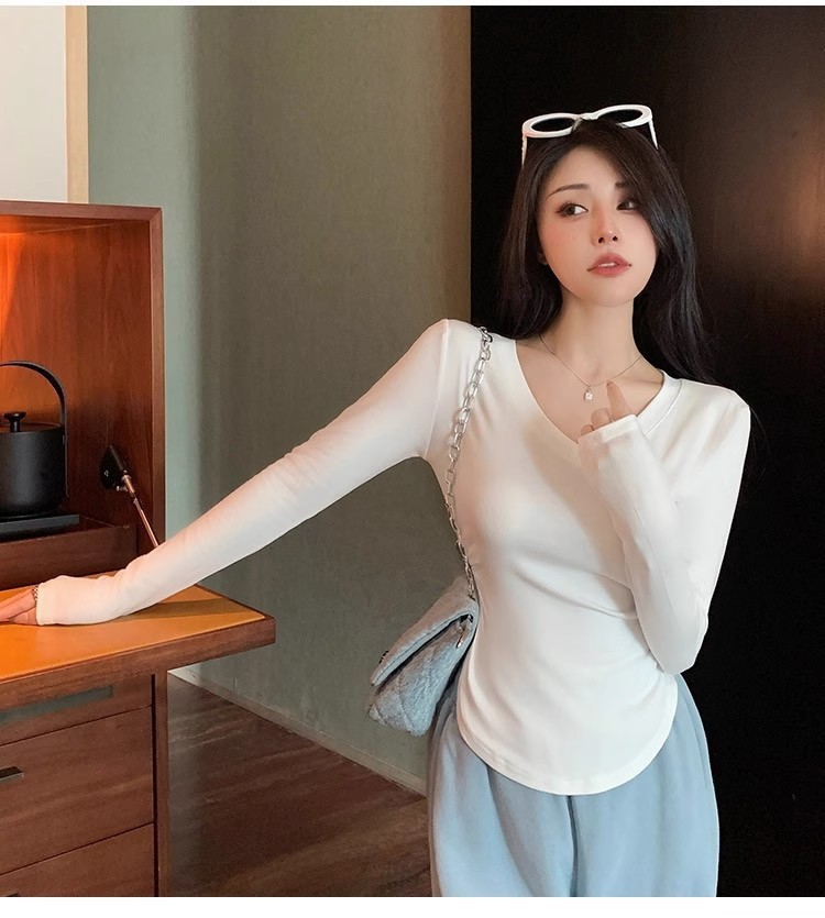 Long-sleeved T-shirt Women's Spring and Autumn 2024 New Style Shoulder Design Irregular Inner Short Top Girl's Base Shirt
