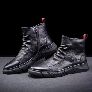 Martin Boots Men's Autumn and Winter New Arrival Men's Shoes Korean Style Fashionable All-Match Zipper Shoes Fleece-Lined Short Boots British Mid-Top Boots