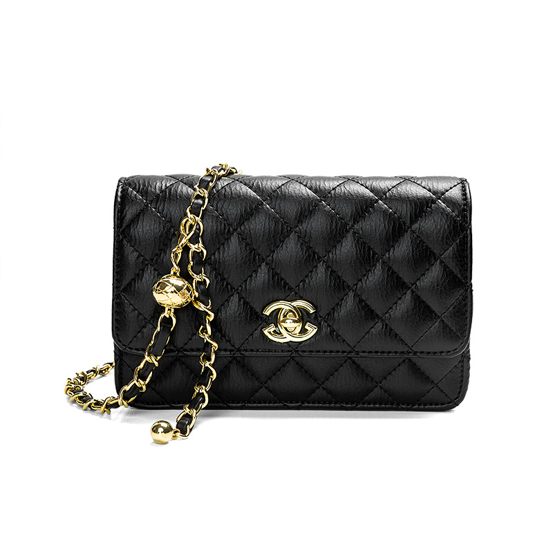 High-end Genuine Leather Fragrance Grandma Fortune Bag High-end Rhomboid Women's Bag Shoulder Crossbody Bag Small Golden Ball Chain Bag Supply
