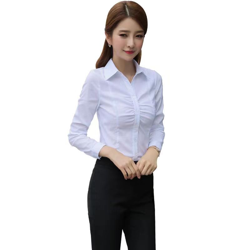 Design Sense White Pleated Women's Long-sleeved 2024 Spring New Slim-fit Slimming Lapel Micro-elastic Base Top Shirt