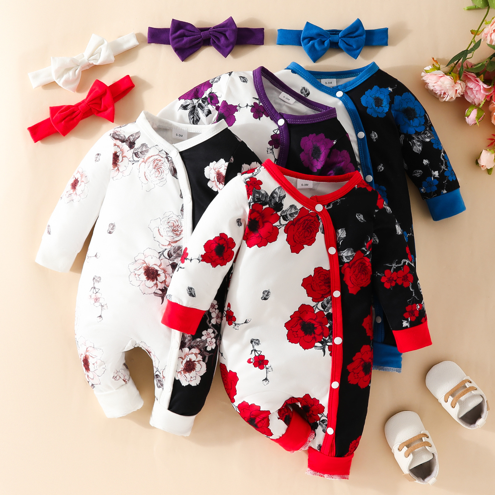 Cross-border New Baby Long-sleeved Long-legged Climbing Suit Big Flower Color-matching Baby Girl Button Clothes Hakka Baby Casual Clothes