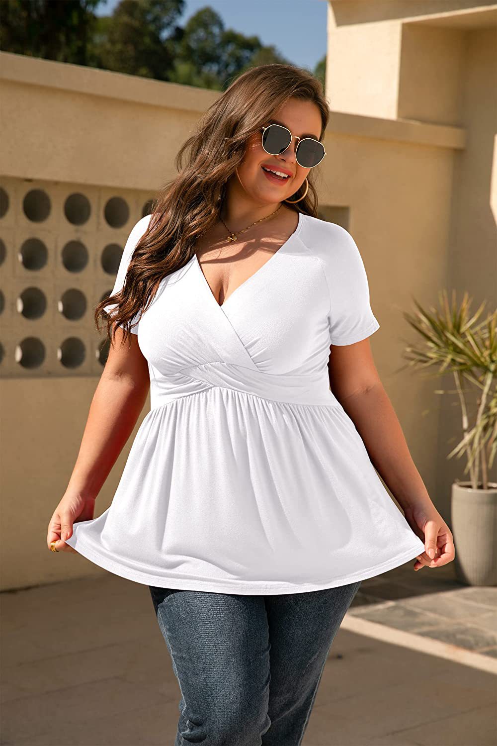 Spring and Summer 2023 New Cross-border Amazon Independent Station Explosions Women's Large Size T-Shirt V-Neck Top Foreign Trade Women's Wear
