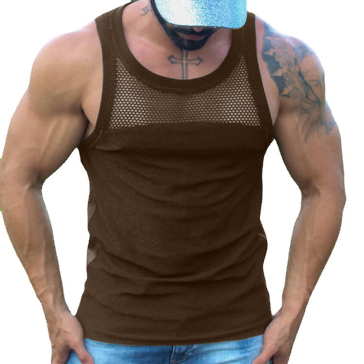 欧美男士U领无袖纯色工字背心户外运动健身上衣男装工字T恤无袖