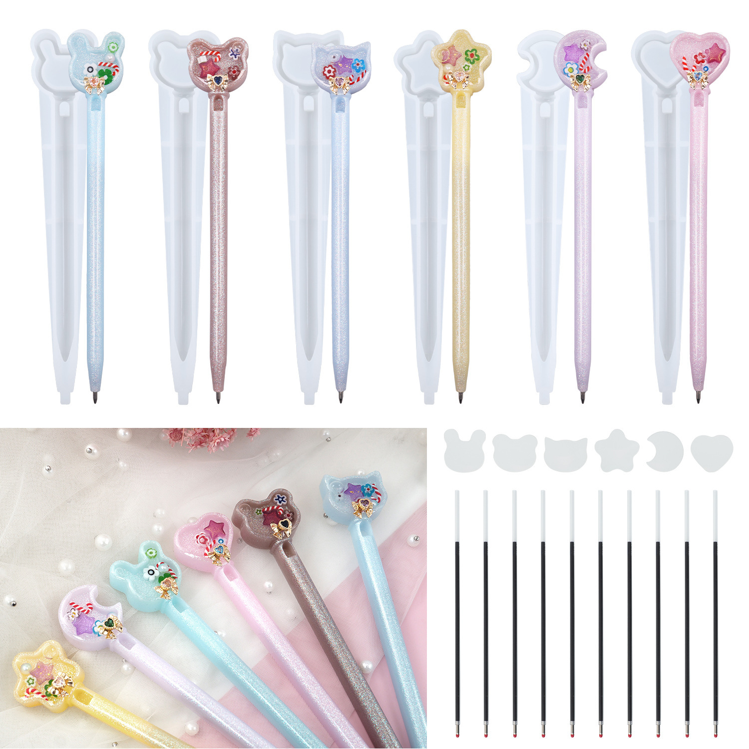 diy crystal glue epoxy resin quicksand love five-pointed star Bear Cat pen mirror silicone mold