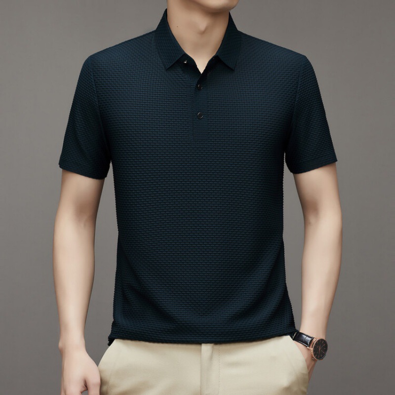 2023 Summer New Ice Silk Polo Shirt Men's Slim-fit Fashion Casual Breathable Thin Business Solid Color Short-sleeved Men's Trendy