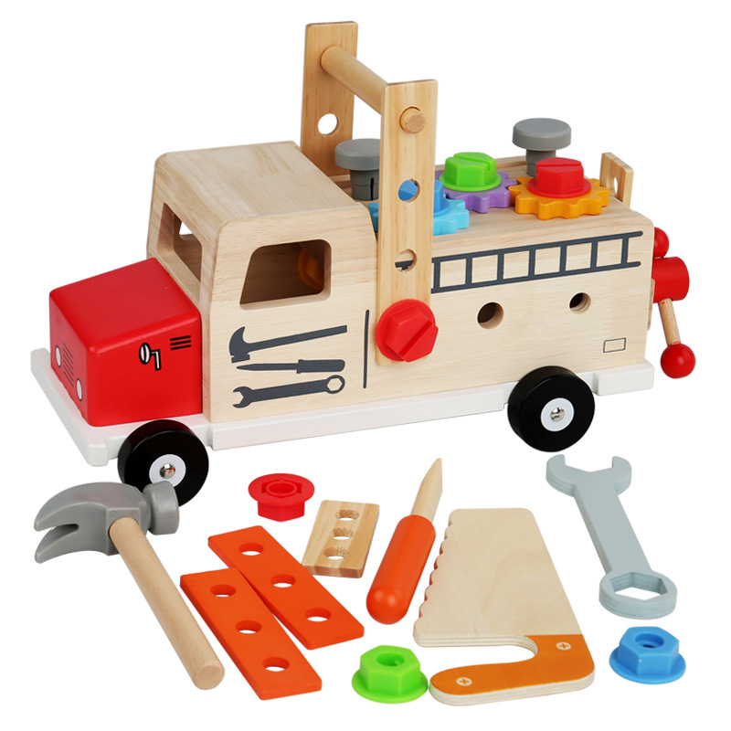 Wooden truck toolbox disassembly nut portable toolbox children screw repair table educational toys