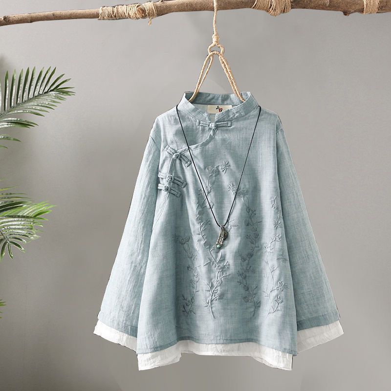 Vintage Embroidered Buckle Cotton Shirt Women's 2025 Spring New Chinese Zen Tea Suit Loose Stitching Round Neck Top