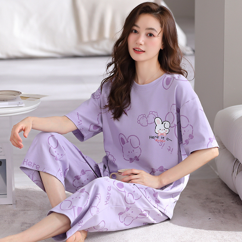 in stock wholesale pajamas women's summer cotton short sleeve cropped pants Korean version can be worn outside spring and summer leisure home clothes suit