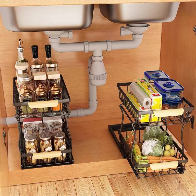 Kitchen Under-sink Storage Rack Double-layer Push-pull Cabinet Multi-layer Kitchen Under-sink Storage Rack Bathroom Finishing Rack