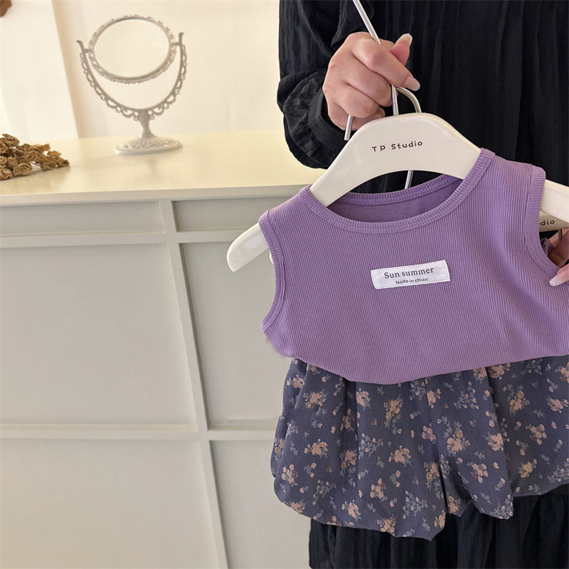 Girls' small vest T-shirt top 2024 summer baby girl western style cute short floral short suit wholesale