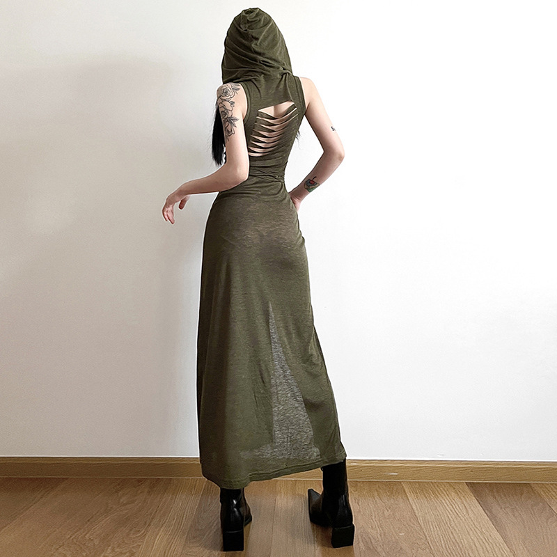 European and American style 2024 autumn new women's clothing fashion trend hooded hollow backless sleeveless slit dress dress