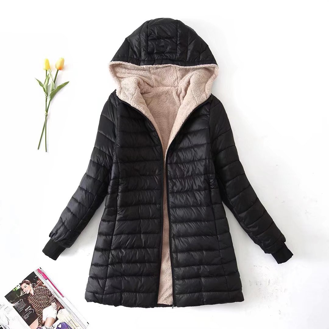 Autumn and winter New European and American AliExpress lamb fleece mid-length warm hooded cotton-padded jacket women's top plus size cotton-padded jacket