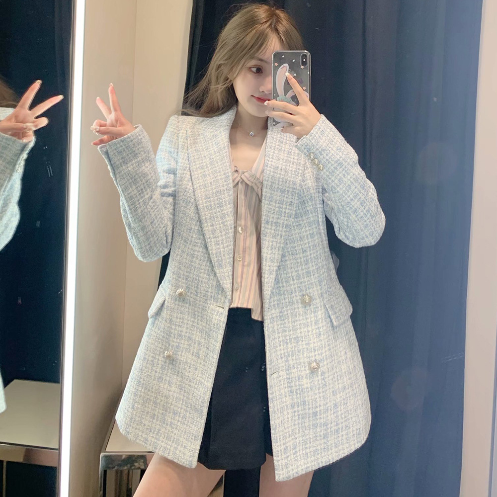 2021 Autumn New Amazon European and American women's wholesale tweed pocket decoration retro long sleeve suit jacket