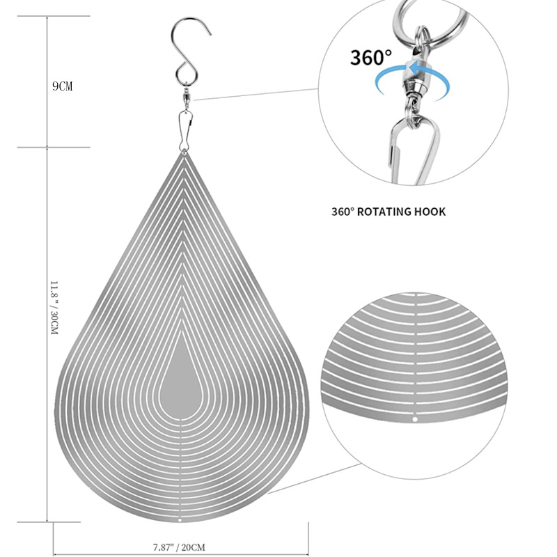 Metal 3D rotating wind chime wind to stainless steel creative personality drop-shaped craft home decorations cross-border supply