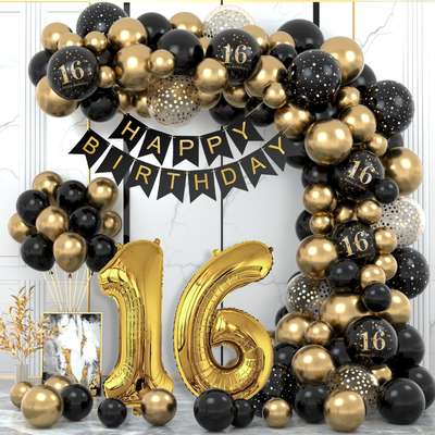 16-year-old black gold balloon birthday balloon student birthday scene layout balloon Amazon Party metal balloon chain