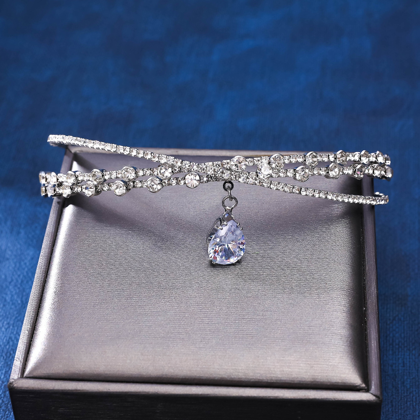 Zircon Water Drop Hair Hoop Large Gems Hair Hoop Headwear Collar Neck Rhinestone Slimming Cross Clavicle Chain Necklace