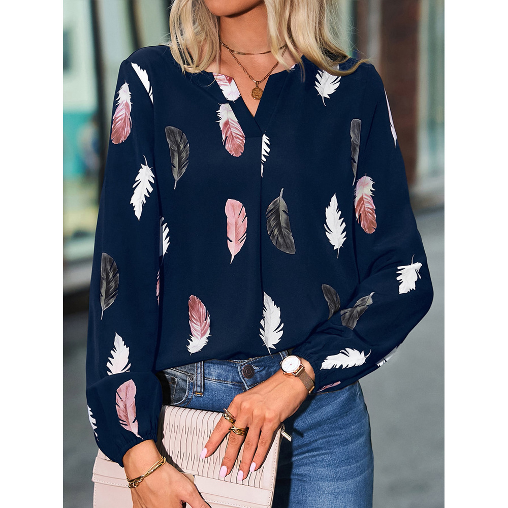 Autumn and Winter 2024 New Cross-border Amazon European and American Women's V-neck Feather Printing Long Sleeve Loose T-shirt Women's Top