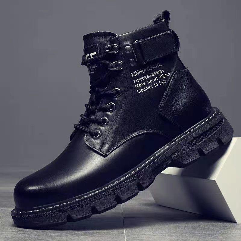2022 New Autumn and Winter fleece-lined Martin Boots Men's Mid-range British Casual Thick Black Tooling Leather Boots